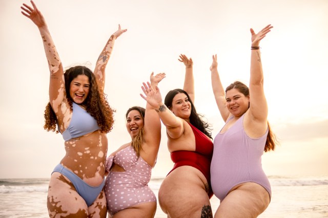 4 plus sized women in bathing suits