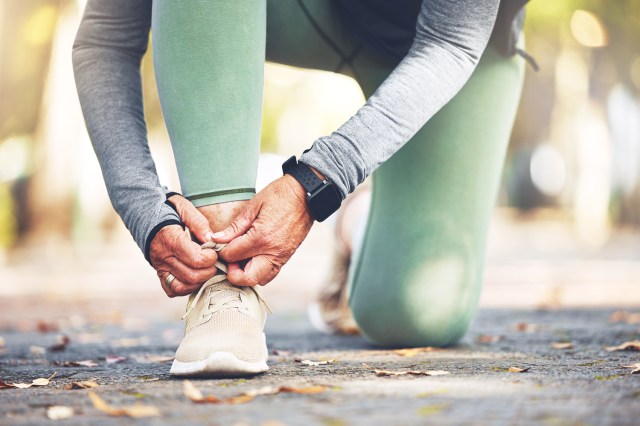 Elderly runner, hands and shoes for running