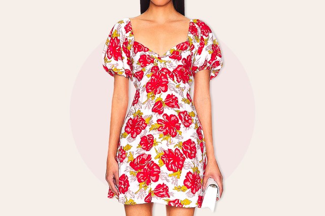 Woman in short sleeve, red flower pattern short dress