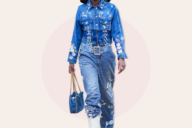 Person dressed in denim pants and denim jacket