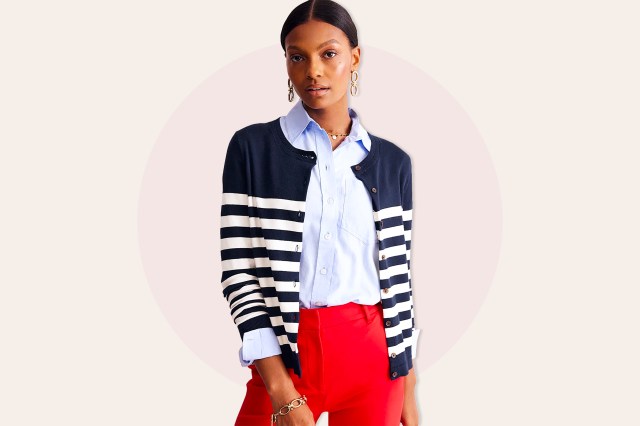 Blue and white striped knit cardigan