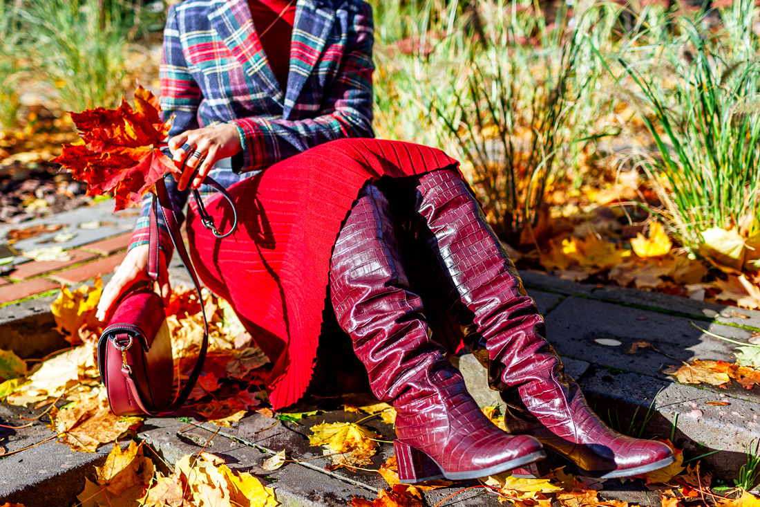 Cropped image of woman wearing knee high boots and red skirt