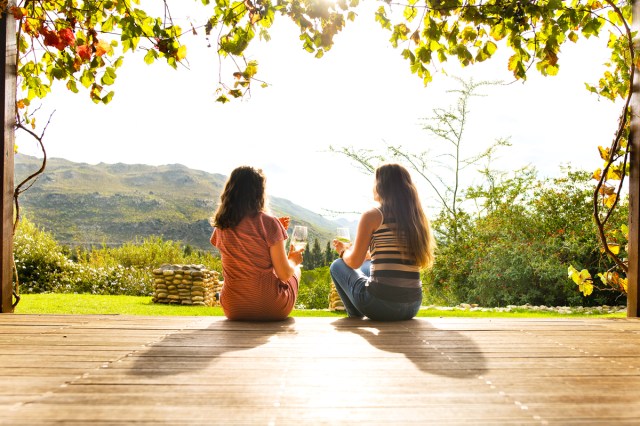 Rear view of two woman drinking wine, talking on porch