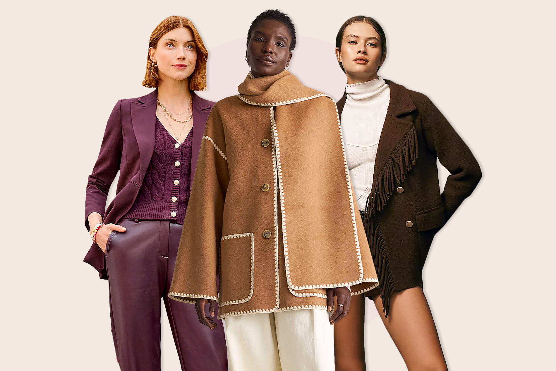 Collage of three models wearing fashionable fall jackets